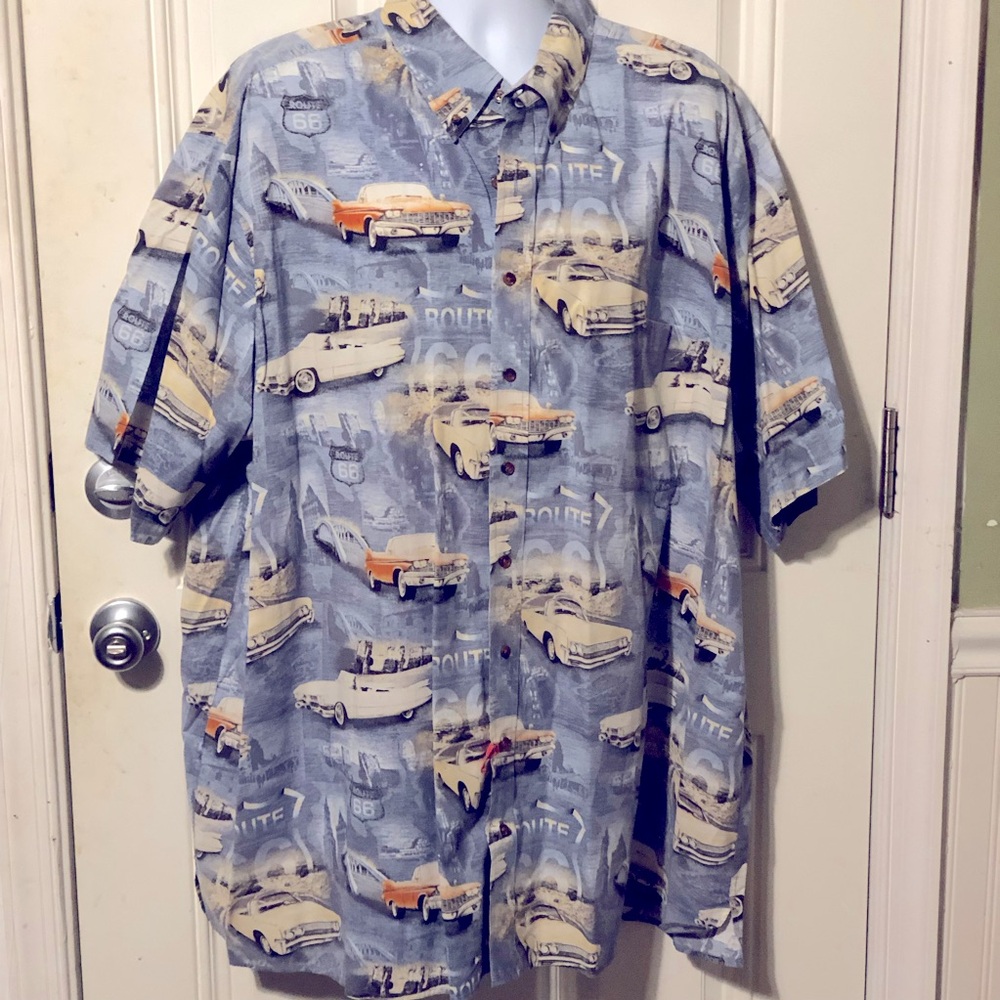 Harbor Bay Men’s Route 66 Classic Car Button Down Short Sleeve Cotton Shirt 3XLT